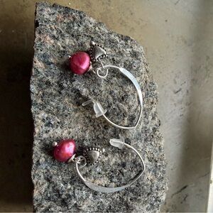 Silver Hoop Earrings with Pink Accents